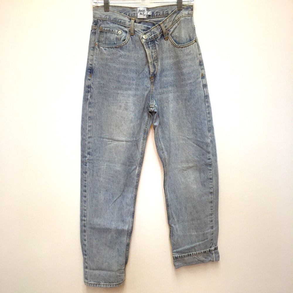 Princess Polly Cross Over Button Fly Jeans 2 Blue High Rise Casual Denim
